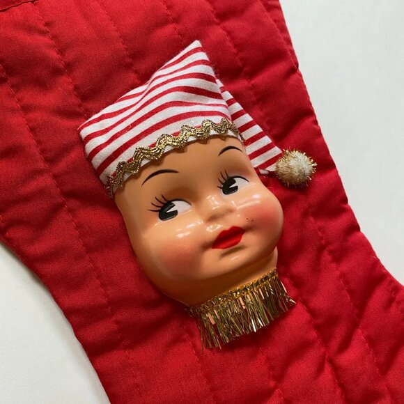 Christmas Stocking with Dolly Face Holiday Decor Xmas Vintage Handmade - Picture 3 of 6